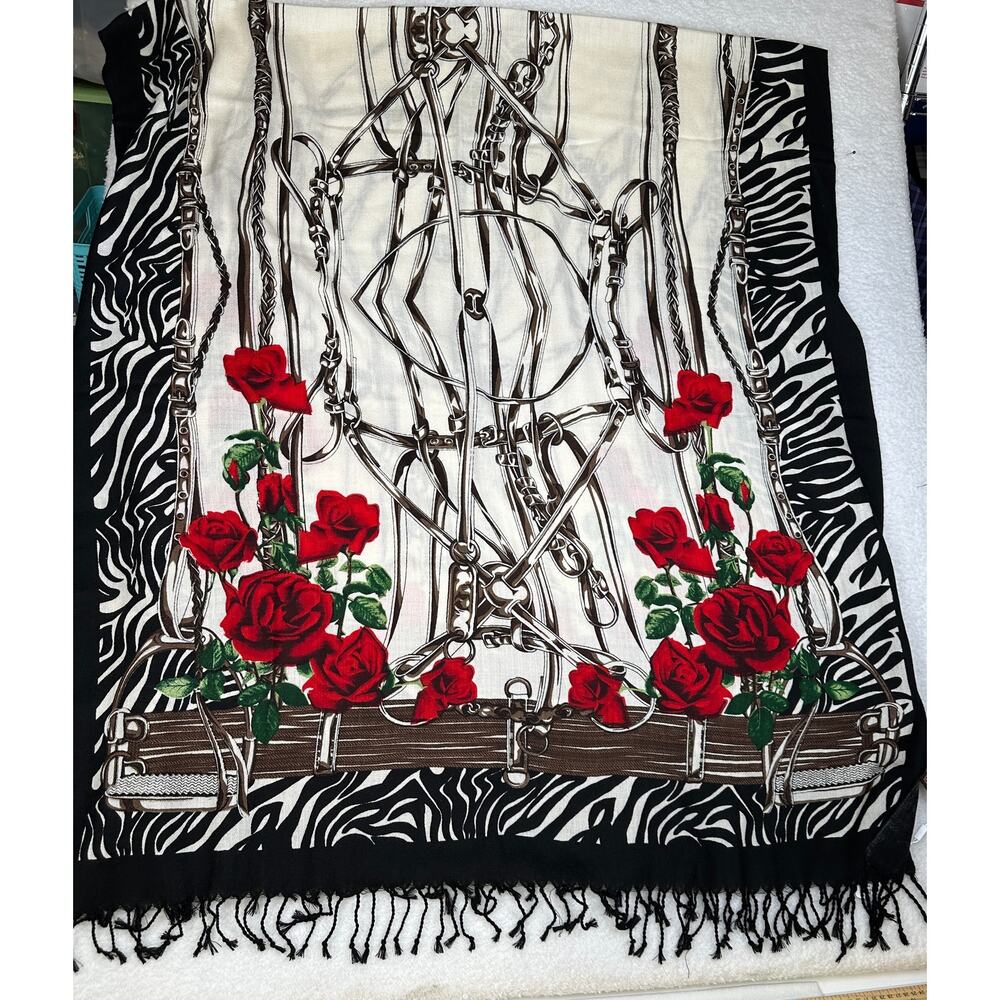 Dana Xu 100% Wool Pashmina Oversized Fringed Shawl Equestrian Roses Zebra 92 in